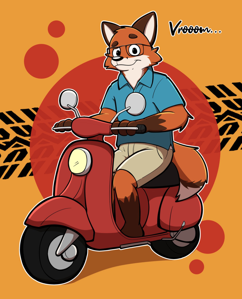 anthro bottomwear canid canine clothed clothing eyewear fox fur glasses hi_res looking_at_viewer male mammal orange_background orange_body orange_fur rac5700 red_fox scooter shirt shorts simple_background smile solo sound_effects text topwear vehicle