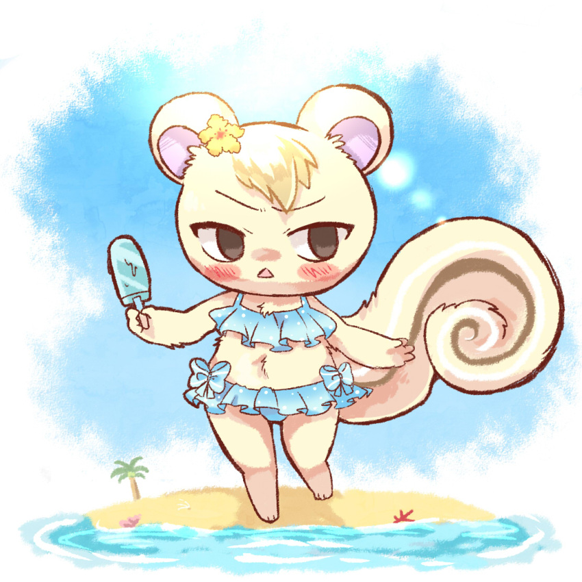 1:1 accessory animal_crossing annoyed anthro beach bikini blush clothed clothing crossdressing flower flower_in_hair food fushiana_ai hair hair_accessory looking_at_viewer male mammal marshal_(animal_crossing) nintendo plant popsicle rodent sciurid seaside solo swimwear video_games