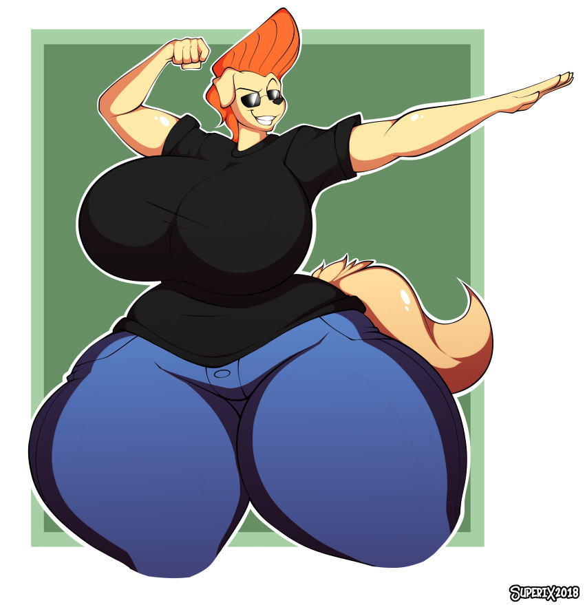 2018 absurd_res anthro artist_name big_breasts bird_dog bottomwear breasts canid canine canis cartoon_network clothing cosplay curvy_figure denim denim_clothing digital_media_(artwork) domestic_dog eyewear female fingers fur ginger_(jaeh) hair hi_res hourglass_figure huge_breasts hunting_dog jeans johnny_bravo johnny_bravo_(series) labrador mammal orange_hair pants retriever short_hair simple_background smile solo standing sunglasses superix tan_body tan_fur teeth thick_thighs voluptuous wide_hips