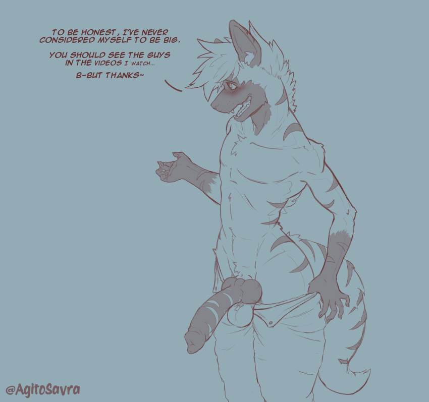 absurd_res agito-savra anthro balls chest_tuft clothed clothing english_text genitals girly hi_res hyaenid knot long_penis male mammal mohawk pants_down partially_clothed pawpads pecs penis pubes shy solo striped_hyena stripes text topless tuft wide_hips