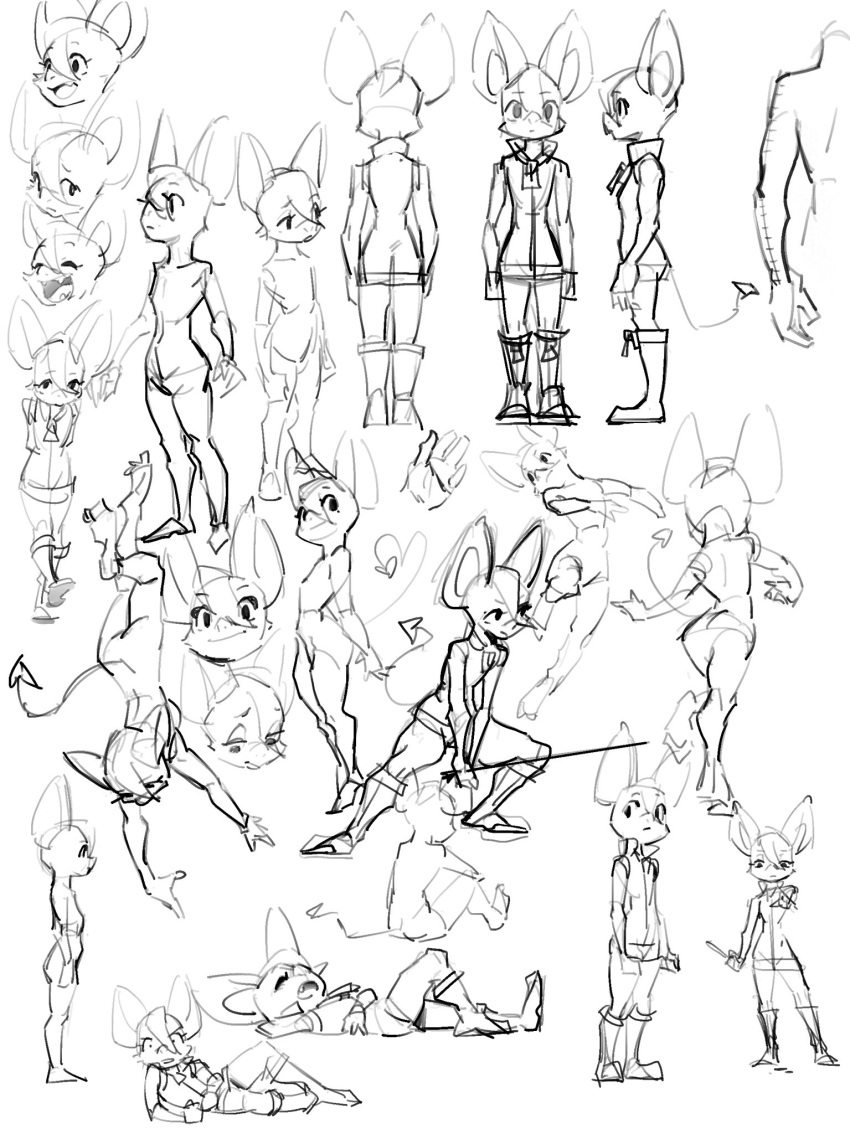 action_pose anthro boots chiropteran clothing fangs female footwear hi_res kemari ko-mori mammal monochrome multiple_poses open_mouth open_smile pose sketch_page smile solo spade_tail standing