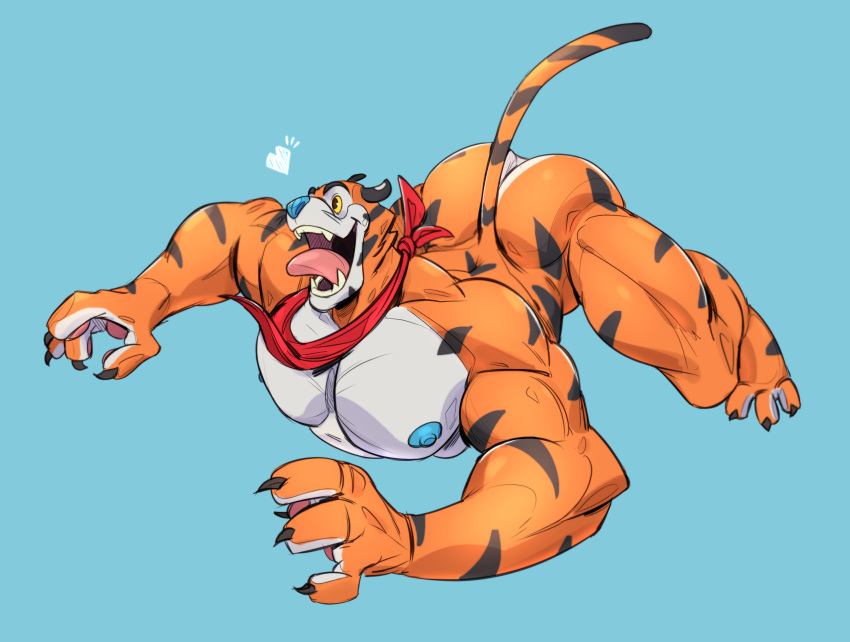 anthro arts_of_indiego blue_background blue_nipples butt felid frosted_flakes fur hi_res kellogg's male mammal mascot muscular muscular_anthro muscular_male nipples nude open_mouth orange_body orange_fur pantherine pecs simple_background solo tiger tongue tongue_out tony_the_tiger