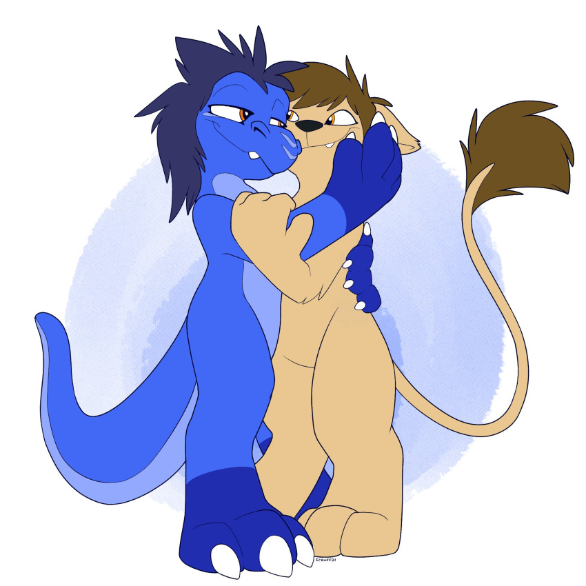 1:1 anthro cheek_to_cheek digitigrade dinosaur dromaeosaurid duo embrace felid hi_res hug korin_(species) kyrio lion male male/male mammal pantherine reptile romantic romantic_couple scalie scruffkerfluff standing theropod thick_tail