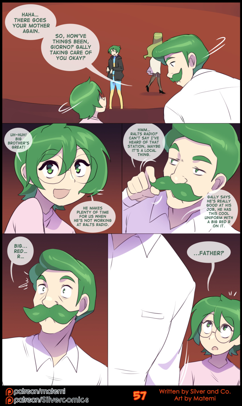 2021 child circus clothed clothing coat comic dress english_text eyewear facial_hair geralt_(sirgallade) glasses grant_(sirgallade) green_eyes green_hair greta_(sirgallade) hair hi_res high_heels human legwear long_hair male mammal matemi motion_lines mustache open_mouth shirt sir_gallade spandex stockings sundress text tight_clothing topwear uniform unitard young