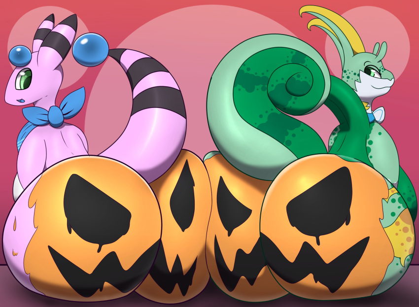 2021 ambiguous/ambiguous ambiguous_gender ampharos anthro anthro_on_anthro belly big_belly big_butt biped bodypaint bow_tie butt butt_focus butt_squish curled_tail duo fan_character food fruit green_body green_eyes hi_res huge_butt jack-o'-lantern looking_back male_(lore) multicolored_body neckerchief nintendo nude pandashorts pink_body plant pok&eacute;mon pok&eacute;mon_(species) presenting presenting_hindquarters pumpkin pumpkin_butt raised_tail rear_view red_background serperior shiny_pok&eacute;mon simple_background squish two_tone_body video_games white_body