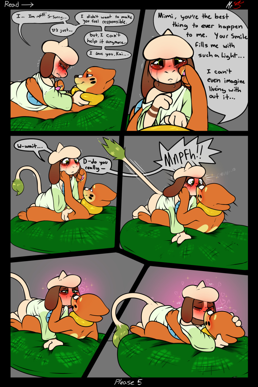 &lt;3 2:3 absurd_res anthro blush bodily_fluids buizel comic dialogue duo english_text female feral hi_res kai_(mr.smile) kissing male male/female mimi_(mr.smile) mr.smile nintendo pok&eacute;mon pok&eacute;mon_(species) smeargle tears text video_games