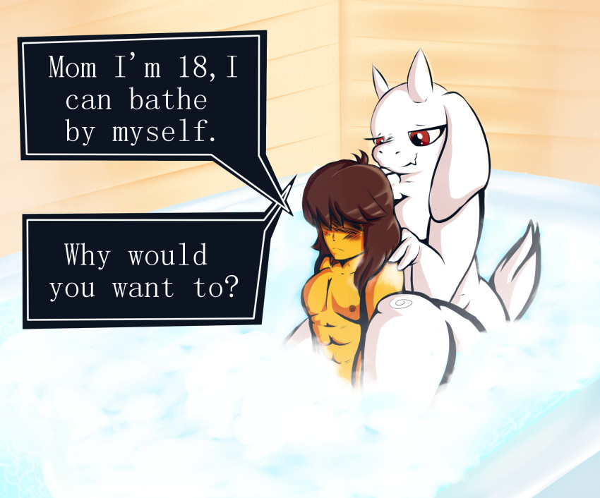 age_difference aged_up anonymous_artist anthro bath boss_monster bovid bubble_bath caprine deltarune duo english_text female hi_res human kris_(deltarune) male mammal mommy_kink nude older_female parent parent_and_child size_difference speech_bubble text toriel undertale undertale_(series) video_games younger_male