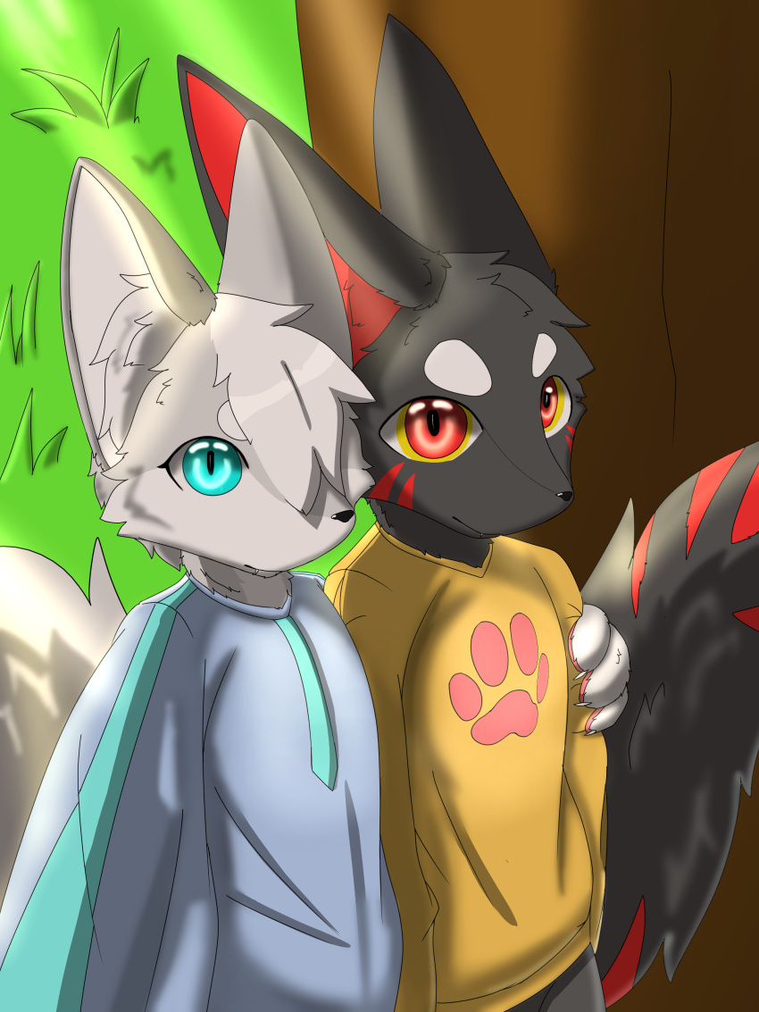 2_males 3:4 absurd_res baiying black_body black_fur blue_eyes canid canine claws clothing duo facial_markings fur fur_markings hand_on_another's_shoulder hand_on_arm head_markings hi_res humanoid inner_ear_fluff male mammal markings pawpads paws red_eyes smile tail_markings topwear tuft white_body white_fur