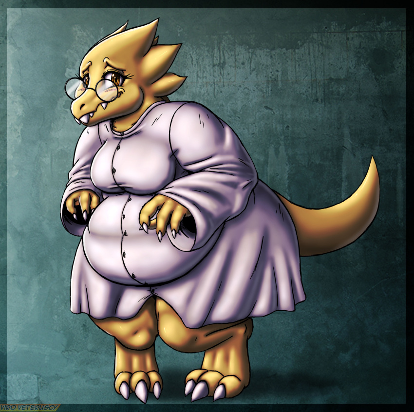 absurd_res alphys anthro belly big_belly big_breasts blush breasts brown_eyes buckteeth claws clothed clothing english_text eyewear female front_view fully_clothed glasses hi_res huge_hips huge_thighs lizard looking_at_viewer obese obese_anthro obese_female overbite overweight overweight_anthro overweight_female pigeon_toed reptile scales scalie sharp_teeth signature simple_background smile solo standing teeth text thick_tail thick_thighs three-quarter_view tight_clothing tight_coat undertale undertale_(series) video_games viroveteruscy wavy_mouth wavy_smile wide_hips yellow_body yellow_scales