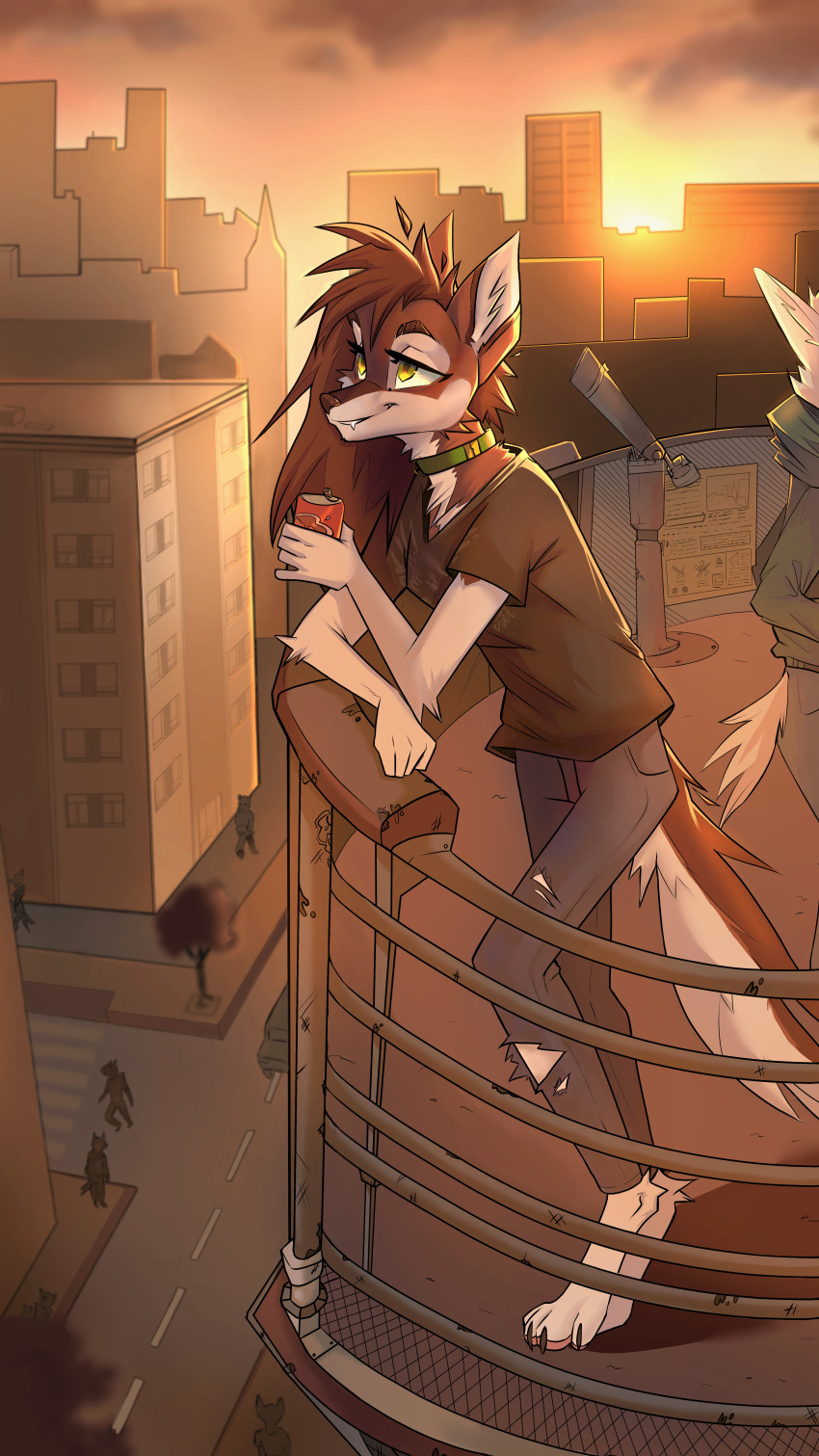 5_fingers 9:16 absurd_res anthro balcony breasts brown_body brown_fur brown_hair canid canine canis clothed clothing collar day detailed_background digital_media_(artwork) eyebrows eyelashes female fingers fur green_eyes group hair hi_res holding_object leaning_on_railing mammal outside red_wolf sky skyleriie smile solo_focus white_body white_fur wolf
