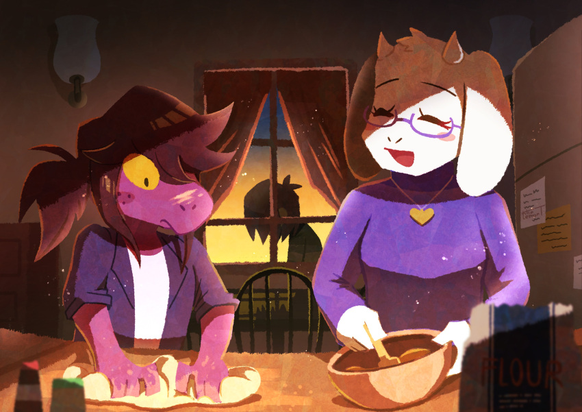 2021 absurd_res ambiguous_gender anthro baking blush brown_hair deltarune eyes_closed eyewear female freckles fur glasses group hair hi_res horn human humanoid hybrid jewelry kris_(deltarune) mammal necklace purple_body reptile rolled-up_sleeves scalie smile susie_(deltarune) toriel undertale_(series) video_games watanolemont white_body white_fur yellow_sclera