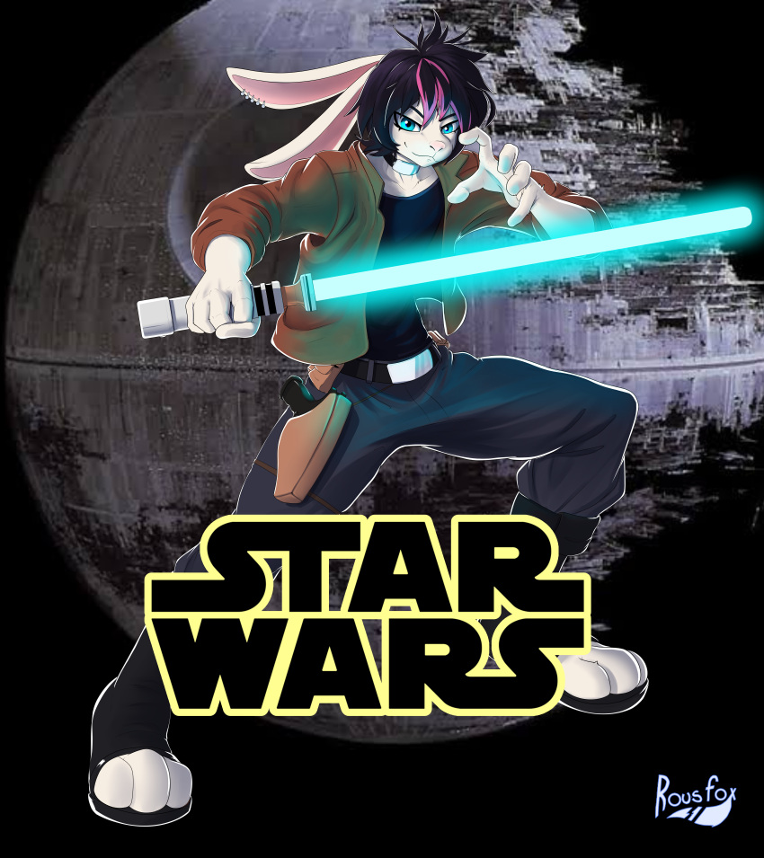 absurd_res anthro belt black_hair blaster_pistol blue_eyes blue_lightsaber clothed clothing cosplay death_star emo_haircut fur girly hair hi_res jedi lagomorph leporid lightsaber long_ears looking_at_viewer male mammal melee_weapon rabbit rous_fox_(artist) solo star_wars vield_nevellinya weapon white_body white_fur