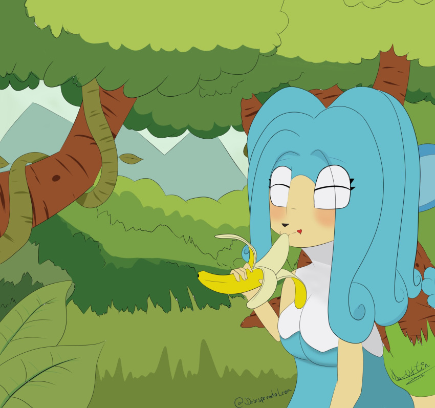 banana blue_body clothed clothing desesperadoleon eating eyes_closed female fingers food fruit hair hi_res mammal nintendo object_in_mouth plant pok&eacute;mon pok&eacute;mon_(species) primate simipour solo tan_body video_games white_body