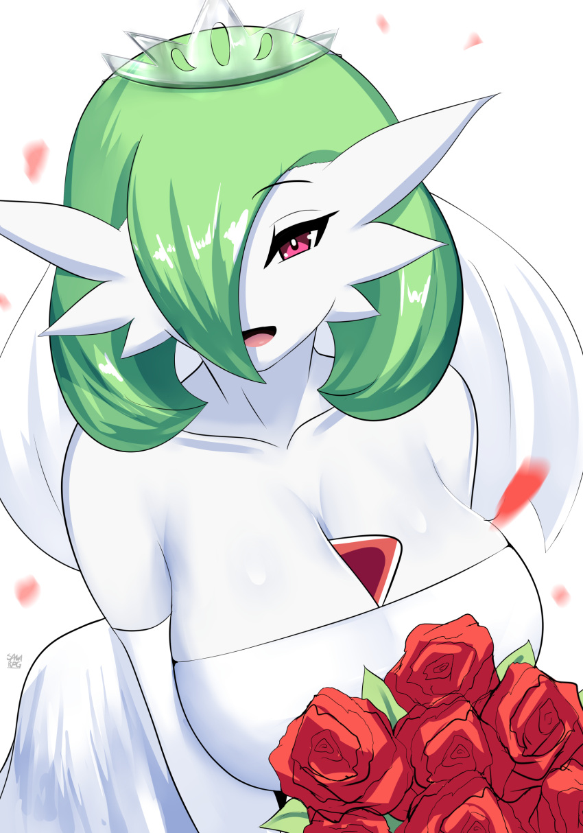 absurd_res big_breasts bouquet breasts cleavage clothed clothing female flower gardevoir green_hair hair hi_res nintendo not_furry plant pok&eacute;mon pok&eacute;mon_(species) rose_(flower) sana!rpg solo video_games white_body