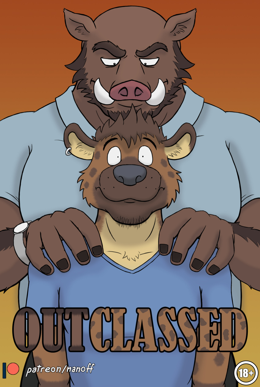 absurd_res age_difference anthro beard cover cover_art cover_page duo ear_piercing ear_ring facial_hair hands_on_shoulders hi_res hyaenid male male/male mammal musclegut muscular muscular_male nanoff piercing spotted_hyena suarez_(nanoff) suid suina sus_(pig) teacher/student walter_(nanoff) wild_boar