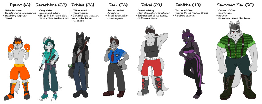 absurd_res art_tablet boxing_gloves brother canid canine canis clothing english_text family father female guitar handwear hi_res mammal mature_female model_sheet mother musical_instrument parent plucked_string_instrument sibling sister string_instrument text tokeitime wolf wolf_pack