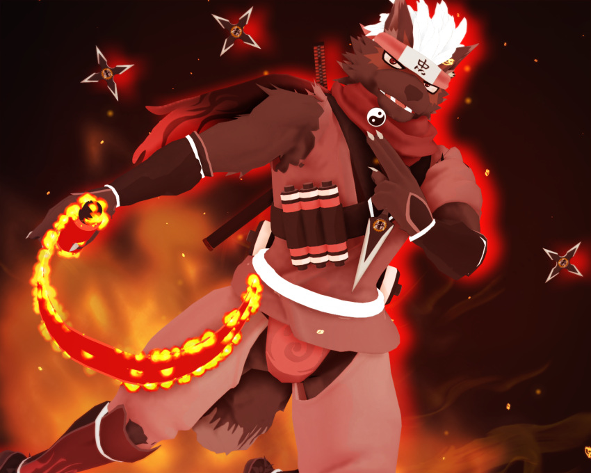 3d_(artwork) 5:4 accessory anthro brown_body brown_fur canid canine canis clothing digital_media_(artwork) domestic_dog elemental_manipulation fire fire_manipulation fur hair headband headgear headwear hi_res lifewonders male malicekira mammal ninja ranged_weapon scroll shuriken solo tadatomo text text_on_clothing text_on_headwear tokyo_afterschool_summoners video_games warrior weapon