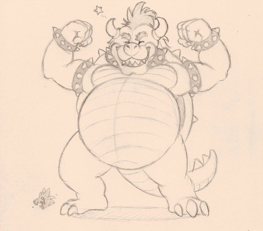 belly big_belly bowser flexing hi_res horn koopa male mario_bros nintendo scalie shell sillywerwolf smile solo spikes traditional_media_(artwork) video_games