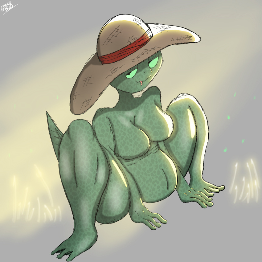 1:1 3_fingers 3_toes amphibian amphibian_humanoid animal_humanoid arthropod bayou_siren beetle belly big_belly big_breasts breasts crouching elateroid featureless_breasts feet female fingers firefly frog frog_humanoid grass green_eyes hi_res horizontal_pupils humanoid insect light long_fingers looking_at_viewer membrane_(anatomy) nude plant pupils solo sun_hat sunlight toes tongue tongue_out webbed_feet word360