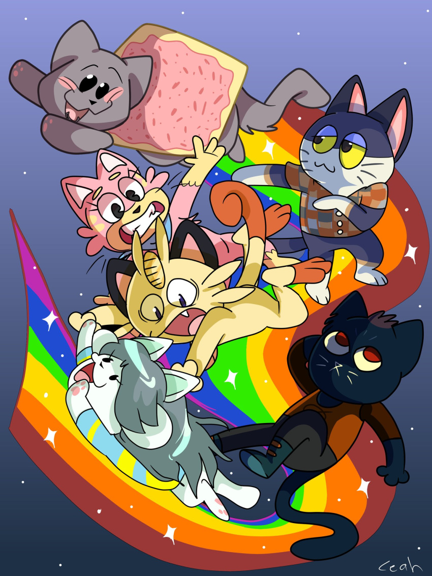 3:4 animal_crossing anthro canid canine clothed clothing felid feline fur group hair hi_res mae_borowski mammal meme meowth moonietoonie night_in_the_woods nintendo nyan_cat pok&eacute;mon pok&eacute;mon_(species) punchy_(animal_crossing) rainbow simple_background tem temmie_(undertale) topwear undertale undertale_(series) video_games white_body