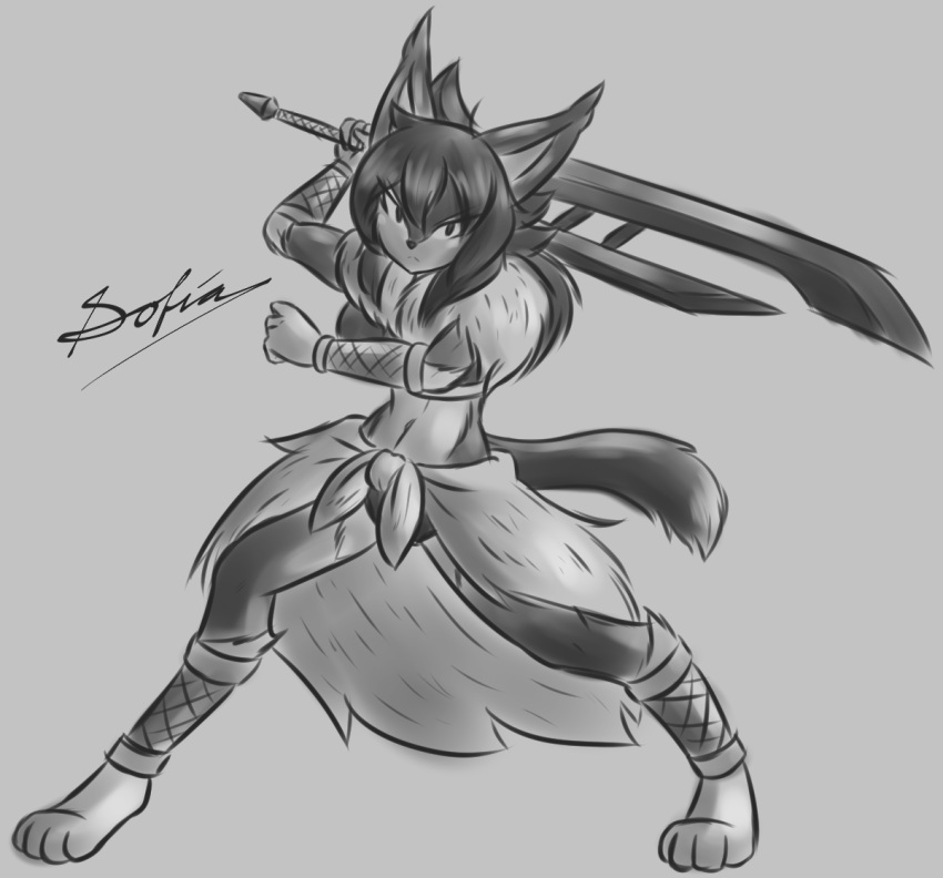 anthro armor breasts canid canine canis female greaves greyscale hair jackal looking_at_viewer mammal melee_weapon midriff monochrome sarong serious shoulder_length_hair sofia_(tetsushi) solo sword tetsushi vambraces weapon