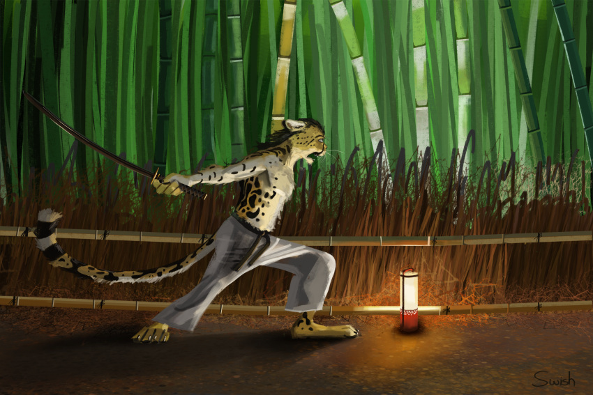 2016 3:2 5_fingers anthro bamboo bamboo_fence bamboo_structure bamboo_tree biped cheetah clothed clothing digital_media_(artwork) felid feline fence fingers forest fur hi_res japanese_sword katana king_cheetah lamp lantern male mammal melee_weapon paper_lantern plant solo swish sword topless tree weapon