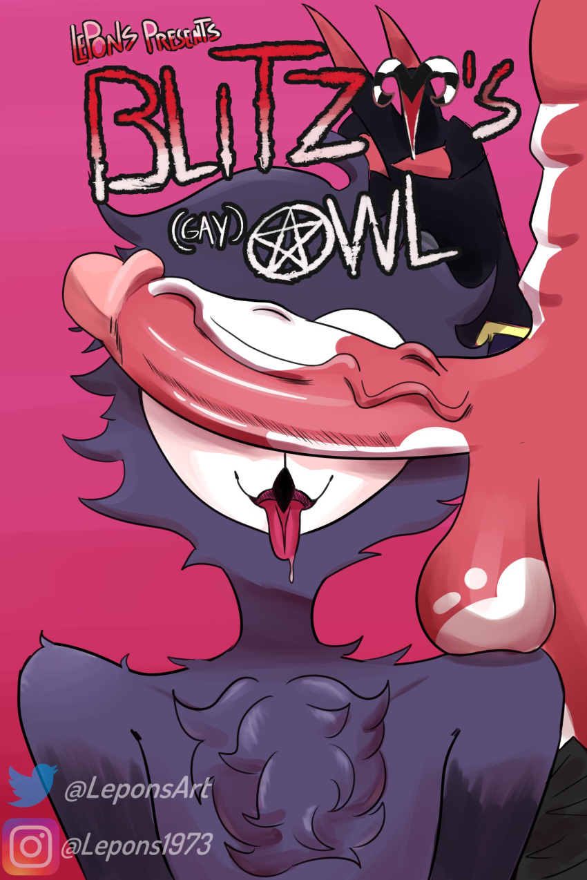 abs absurd_res anthro avian bird blitzo_(helluva_boss) can't_see_the_haters comic cover cover_art cover_page demon duo fluffy fluffy_chest genitals gesture helluva_boss hi_res imp instagram leponsart male male/male owl owl_demon penis penis_on_face simple_background spots spotted_body stolas_(helluva_boss) tongue tongue_out twitter v_sign