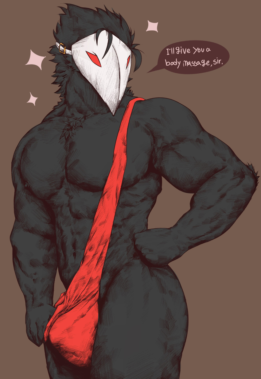 abs absurd_res avian biceps big_bulge black_body bulge chest_tuft clothed clothing clothing_pull darkner deltarune ggan_ggandi hi_res male mask muscular muscular_male nipples partially_clothed pecs red_eyes simple_background solo sparkles swatchling_(deltarune) tuft undertale_(series) video_games