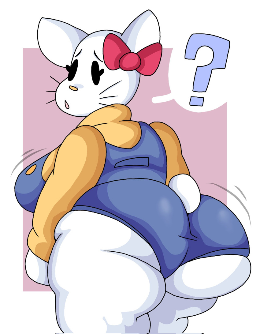 ? accessory anthro big_breasts big_butt breasts butt clothed clothing domestic_cat felid feline felis female hair_accessory hair_ribbon hello_kitty_(character) hello_kitty_(series) hi_res huge_butt lewd_dorky looking_at_viewer looking_back mammal ribbons sanrio shaking_butt slightly_chubby solo thick_thighs tight_clothing