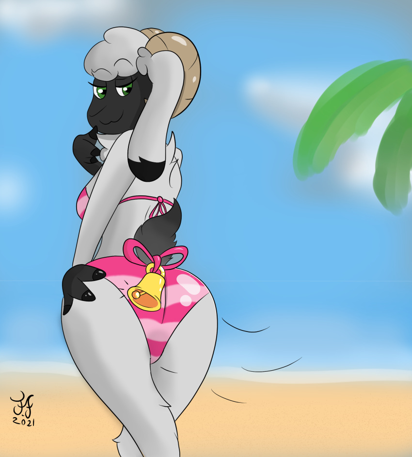 anthro beach bikini bikini_bottom bovid butt_pose caprine clothing coy doit etherial_bitch female fur goahead hi_res mammal pinchthebutt pose sea seaside sheep smug solo swimwear water wool_(fur)