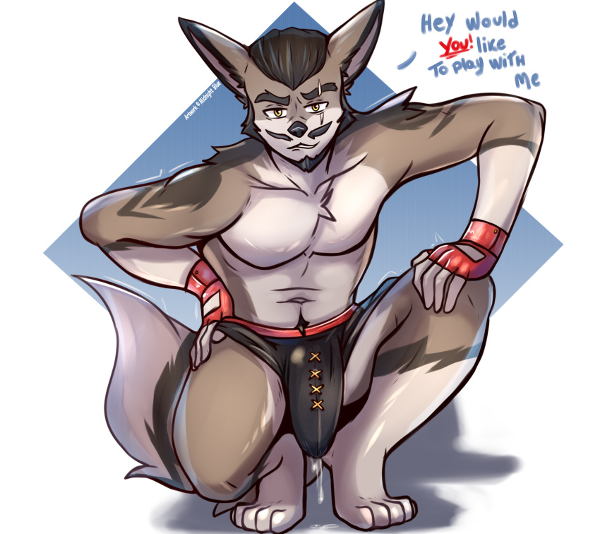 anthro bodily_fluids bulge canid canine canis clothed clothing detailed_bulge facial_hair fluffy fox genital_fluids genital_outline hi_res hybrid male mammal midnight_blue muscular partially_clothed penis_outline pinup pose precum scar solo underwear underwear_down wolf