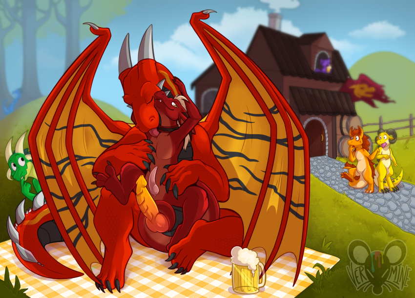 alcohol anthro beer beverage collar detailed_background dolkar dragon duo embrace feral genitals grass group hi_res hindpaw holding_character holding_neck horn hug hugging_from_behind knot kobold larger_male licking looking_at_viewer male male/male markings on_lap paws penis plant public public_exposure public_nudity red_body red_scales ridged_penis scales shocked_expression sitting_on_lap size_difference smaller_male smile smirk smooth_horn spiked_tail spikes spikes_(anatomy) spread_legs spreading tail_curl tapering_penis tavern tongue tongue_out tree vermine wing_claws