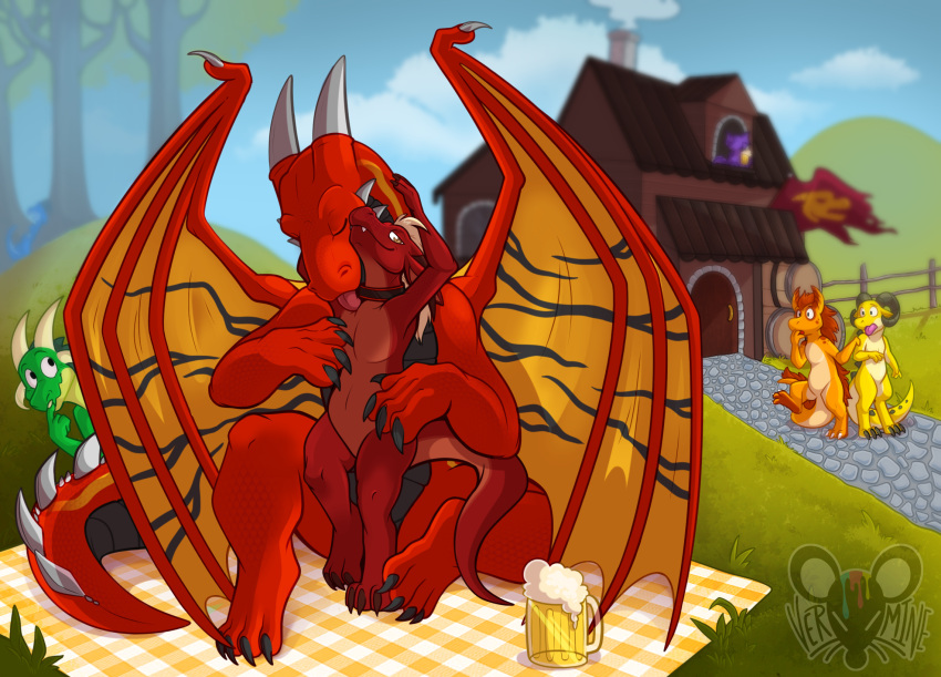 alcohol anthro beer beverage collar detailed_background dolkar dragon duo embrace feral grass group hi_res holding_character holding_neck horn hug hugging_from_behind kobold larger_male licking looking_at_viewer male male/male markings plant public red_body red_scales scales size_difference smaller_male smile smirk smooth_horn spiked_tail spikes spikes_(anatomy) tavern tongue tongue_out tree vermine wing_claws