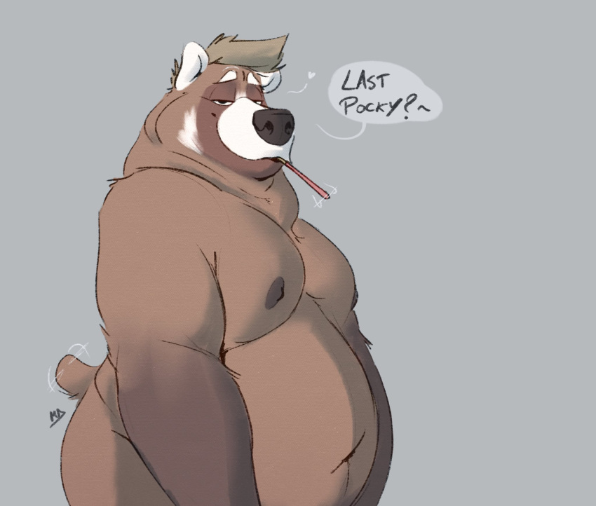 &lt;3 ailurid anthro belly dialogue food hi_res hybrid looking_at_viewer male mammal minedoo minedoo_(character) moobs navel nipples nude overweight overweight_male pocky red_panda solo speech_bubble tail_motion tailwag ursid