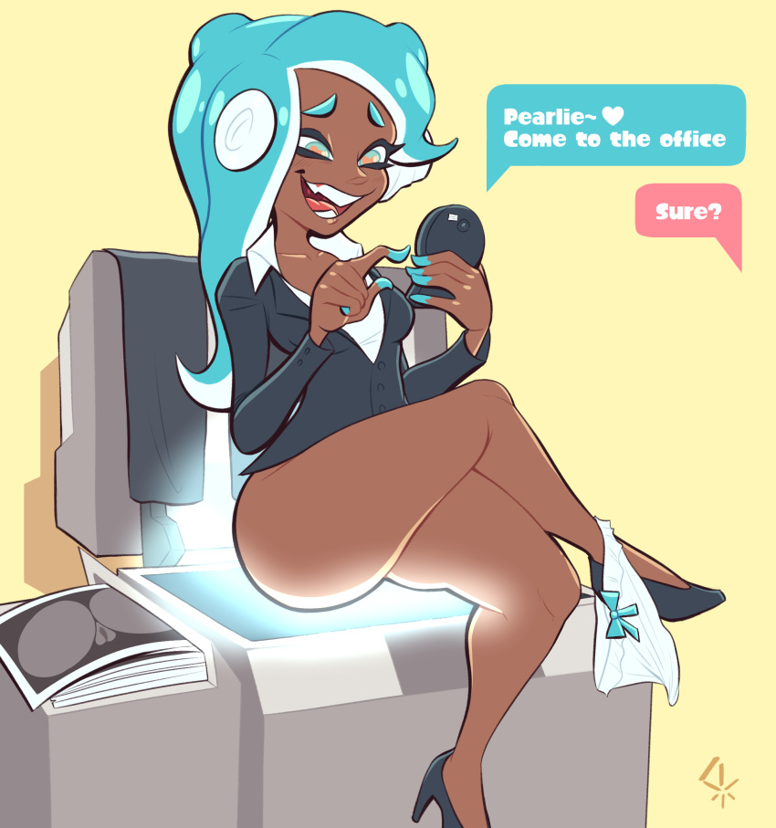 2021 animal_humanoid bottomless brown_body brown_skin cephalopod cephalopod_humanoid clothed clothing crossed_legs dialogue english_text female footwear genitals hi_res high_heels humanoid marina_(splatoon) marine marine_humanoid mollusk mollusk_humanoid nintendo octarian octoling open_mouth open_smile panties panties_around_one_leg photocopier photocopying_butt pseudo_hair pussy shoes smile solo splatoon steeckykees tentacle_hair tentacles text underwear underwear_around_one_leg unprofessional_behavior unseen_character video_games