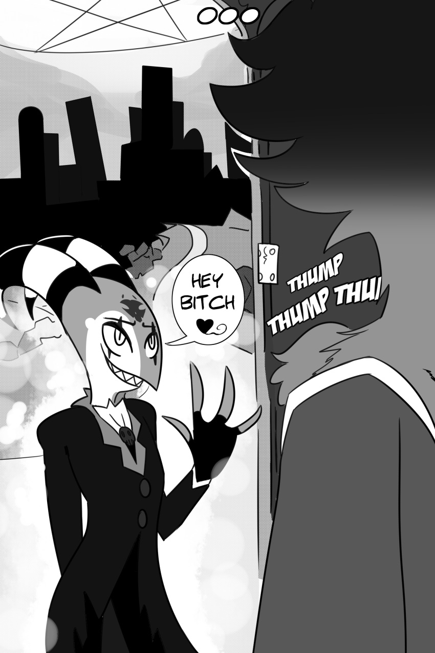 absurd_res avian bird blitzo_(helluva_boss) city comic demon dialogue dialogue_box fluffy fluffy_chest greyscale heartbeat helluva_boss hi_res imp leponsart male monochrome owl owl_demon simple_background solo stolas_(helluva_boss)