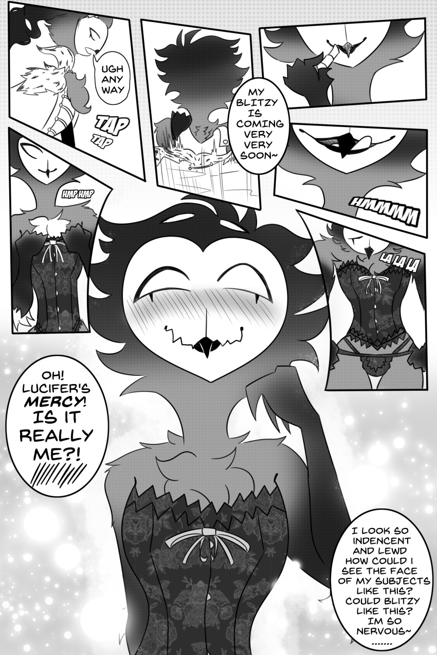 absurd_res avian bird blush bulge clothing comic demon dialogue dialogue_box dressing english_text fluffy_chest girly helluva_boss hi_res leponsart lingerie lipstick makeup male monochrome owl owl_demon simple_background smile solo stolas_(helluva_boss) text