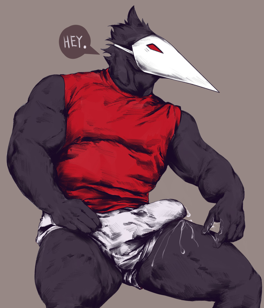 absurd_res avian biceps black_body bodily_fluids clothed clothing cum cum_on_hand darkner deltarune erection erection_under_clothing genital_fluids ggan_ggandi hi_res male mask muscular muscular_male precum precum_through_clothing precum_through_underwear red_eyes simple_background solo swatchling_(deltarune) undertale_(series) underwear video_games wet wet_clothing