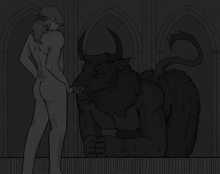 architecture black_body black_fur body_hair bovid bovine butt butt_hair cattle clenched_fists duo european_mythology fist fluffy_thighs fur genitals gothic_architecture greek_mythology greyscale greyscale_background hair hairy_arms hairy_legs harpsichord_(artist) hi_res horn human humanoid_genitalia humanoid_penis inside larger_male looking_at_genitalia looking_at_penis male male/male mammal minotaur monochrome muscular muscular_male mythology nasal_penetration neck_tuft nude on_ground open_mouth penis ponytail raised_tail size_difference tail_tuft tuft