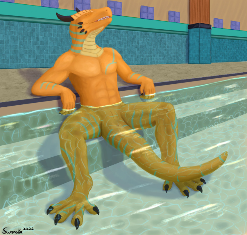 abs animal_genitalia anthro anus bath bathhouse black_claws black_horn black_nails claws colored_nails dragon eyes_closed front_view genital_slit genitals hi_res horn male nails nude orange_body ortez partially_submerged scalie sitting slit solo swanska_(artist) teal_stripes western_dragon