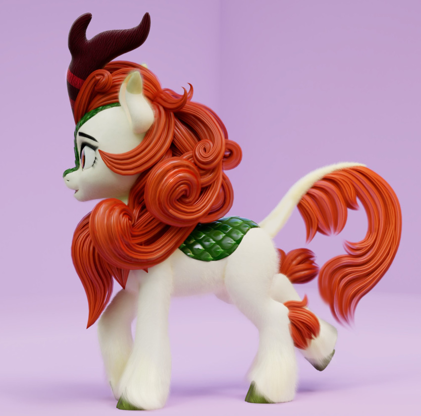 2021 3d_(artwork) asian_mythology autumn_blaze_(mlp) brown_mane chinese_mythology cloven_hooves digital_media_(artwork) east_asian_mythology eyebrows eyelashes female feral fluffy friendship_is_magic fur green_body green_scales hi_res hooves kirin mammal mane my_little_pony mythology on_model pink_background scales side_view simple_background solo standing ur_akhsok white_body white_fur yellow_eyes