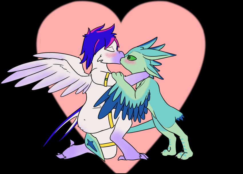 4_ears anthro avali avali_(original) avian bird blue_body blue_feathers countershading dewclaw digitigrade doesnotexist duo feathered_crest feathered_wings feathers female green_body green_eyes head_crest hi_res hirundinid kissing luvashi multi_ear oscine passerine silverwing_swallow swallow_(bird) winged_arms wings xujintsguardian