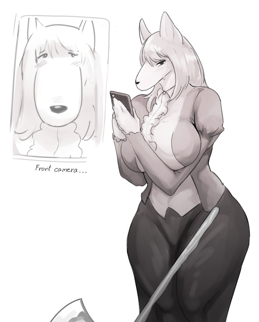 2021 absurd_res anthro axe big_breasts blush bodily_fluids borzoi breasts canid canine canis cellphone digital_media_(artwork) domestic_dog female hi_res hunting_dog kakhao kemofujin kemofujin_(comic) mammal melee_weapon phone sighthound simple_background smartphone solo sweat weapon white_background wide_hips