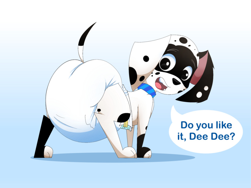 101_dalmatian_street 101_dalmatians 4:3 anthro butt canid canine canis dalmatian diaper disney dizzy_(101_dalmatians) domestic_dog english_text female imces looking_back mammal open_mouth padding simple_background solo speech_bubble text white_diaper