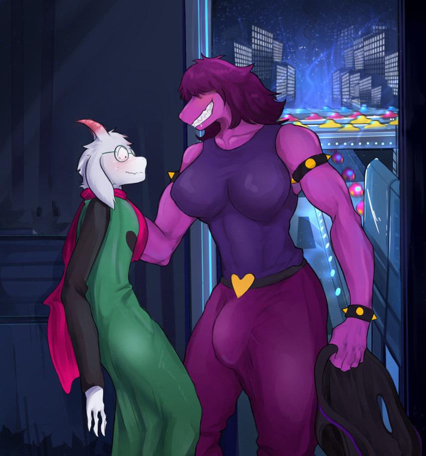 2021 anthro big_bulge blush bodily_fluids bovid breasts bulge caprine darkner deltarune duo eyewear fur glasses goat grin gynomorph gynomorph/male hair hair_over_eyes hi_res horn intersex intersex/male kakhao larger_anthro larger_gynomorph larger_intersex male mammal pink_body purple_hair ralsei reptile saliva scalie scarf size_difference smaller_anthro smaller_male smile susie_(deltarune) sweat undertale_(series) video_games white_body white_fur