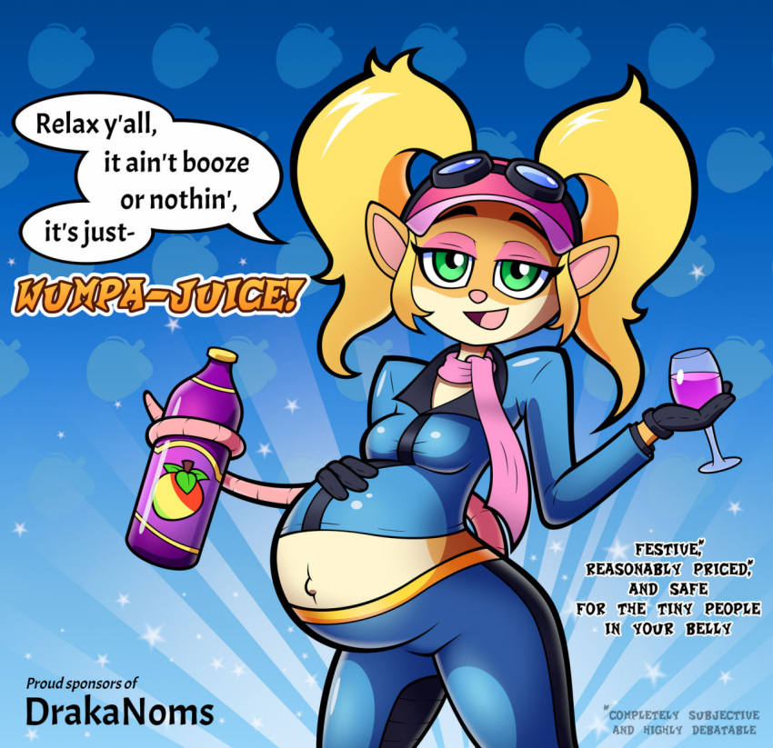 activision anthro blonde_hair breasts clothing container crash_bandicoot_(series) cup drakanoms drinking_glass english_text female glass glass_container glass_cup green_eyes hair hi_res holding_belly pasadena_o'possum pigtails pink_nose pregnant pregnant_female scarf small_breasts solo text tight_clothing video_games