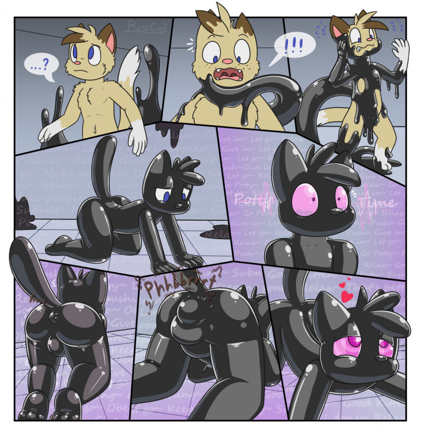 anthro clothing comic english_text feces felid feline hi_res hypnosis hypnotic_eyes latex_transformation male mammal mind_control ritz_(ritzcat) ritzcat rubber rubber_clothing rubber_suit scat soiled soiling solo story story_at_source story_in_description text