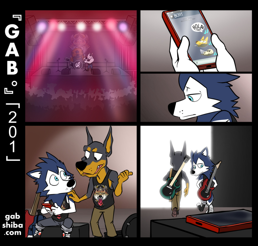 american_pit_bull_terrier anthro band bass_guitar bau_husky black_body black_clothing black_fur black_nose black_shirt black_tank_top black_topwear blue_body blue_fur canid canine canis cellphone clothed clothing comic crowd dobermann domestic_dog drum drum_set duo electric_guitar fur gab_(comic) gabshiba group guitar holding_cellphone holding_object holding_phone hunting_dog husky inside karl_doberman leaving looking_at_cellphone looking_at_object looking_at_phone looking_back ma-star_mastiff male mammal mastiff microphone molosser multicolored_body multicolored_fur musical_instrument nordic_sled_dog percussion_instrument phone pinscher pit_bullterrier plucked_string_instrument sad shirt sitting solo spitz stage stage_lights string_instrument tank_top telegram terrier text texting topwear two_tone_body two_tone_fur url waiting white_body white_fur