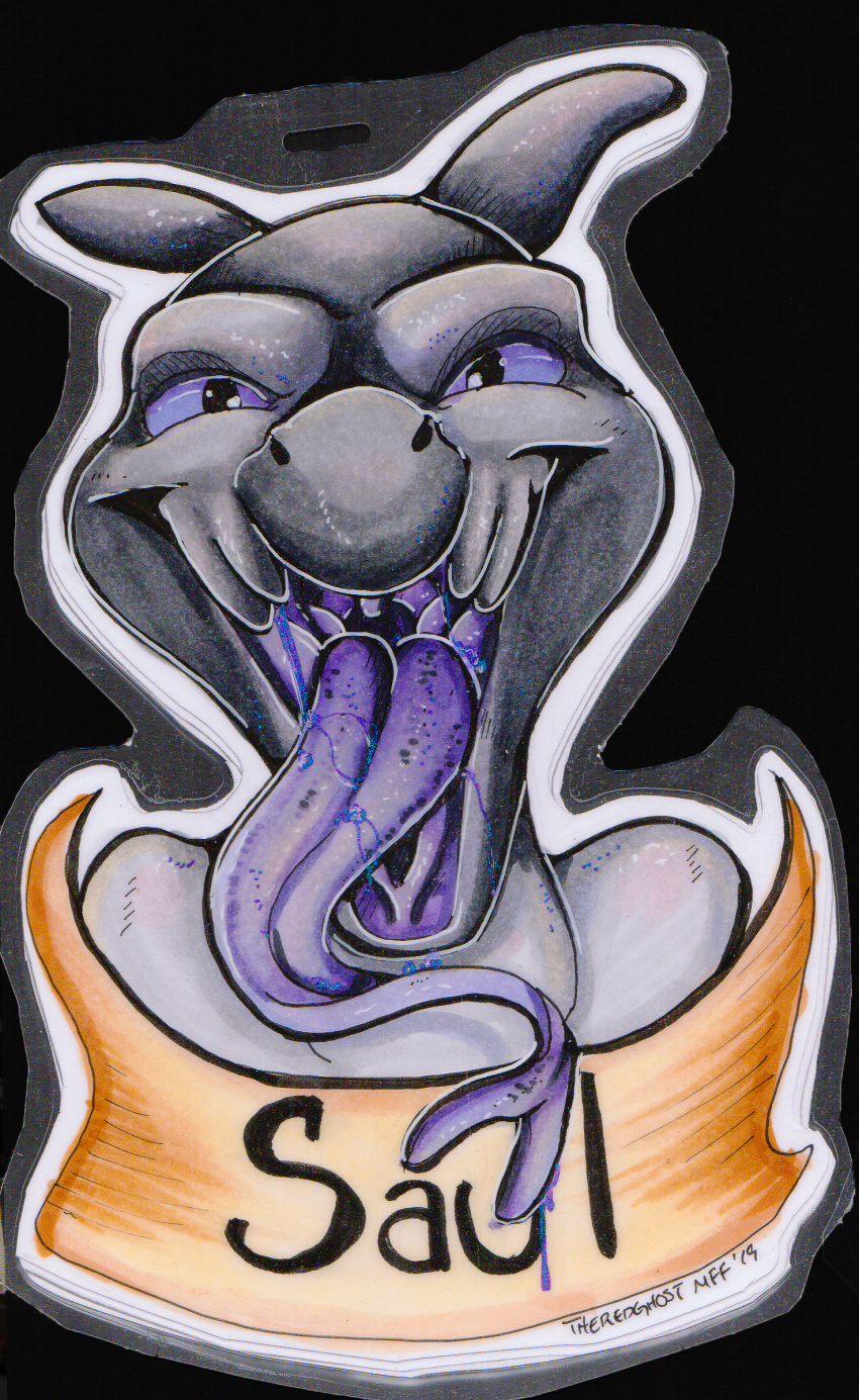 anthro badge biped black_body black_scales facial_markings fan_character forked_tongue grey_body grey_scales head_markings hi_res hybrid male markings mask_(marking) mouth_shot nintendo open_mouth pok&eacute;mon pok&eacute;mon_(species) purple_eyes salandit salazzle saul_ashle scales solo theredghost tongue tongue_out traditional_media_(artwork) video_games