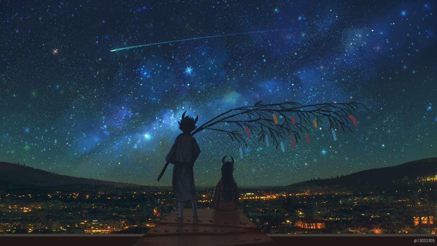 ambiguous_gender arizuka branch city_lights clothed clothing comet duo holding_object horn horned_humanoid humanoid humanoid_pointy_ears night not_furry rear_view sky star starry_sky tanabata watermark